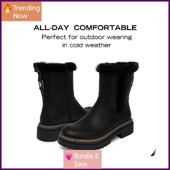 Faux Fur Lined Ankle Boots, Microsuede, Slip Resistant, Platform Heel - Picture 3 of 6